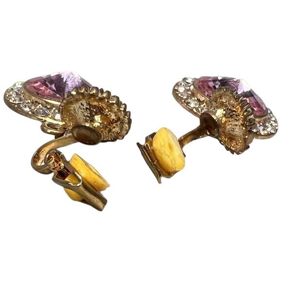 Vintage Pastel Pink Crystal Rhinestone Clip On Drop Earrings Gold Tone - Picture 2 of 7